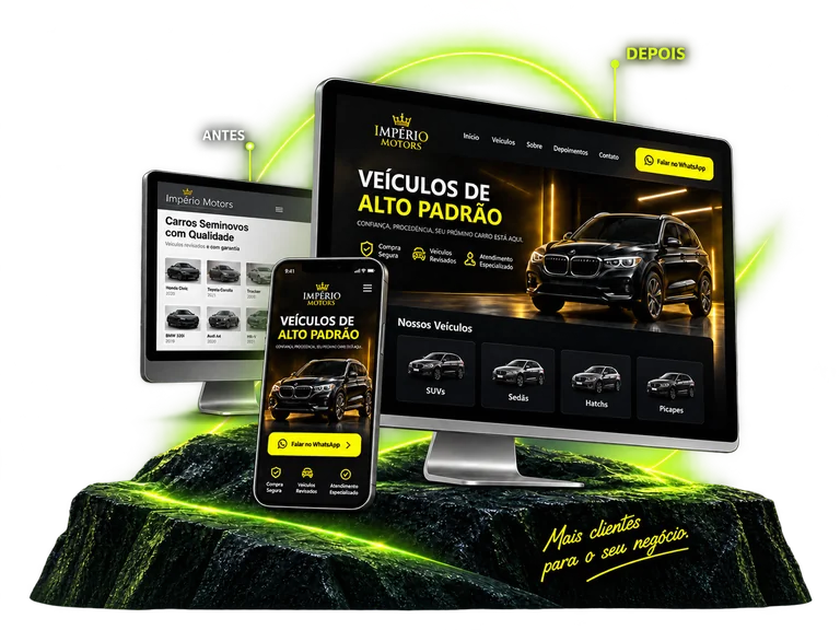 Antes: site menor ao fundo. Depois: site atualizado em destaque no computador e no celular à frente.